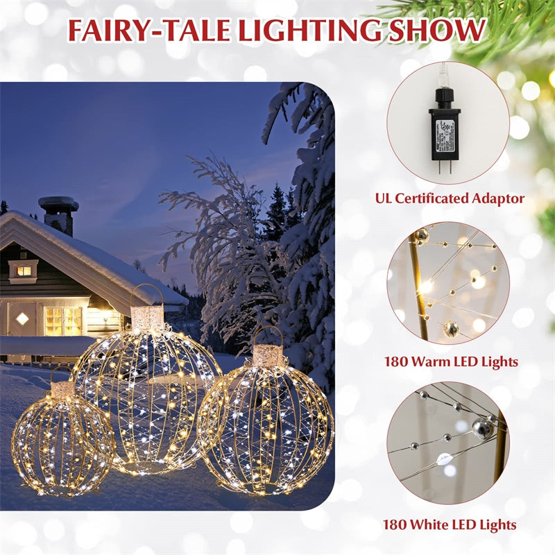 3 Pack Christmas LED Light Balls Holiday Lighted Decoration with 180 Warm White 180 White LED Lights