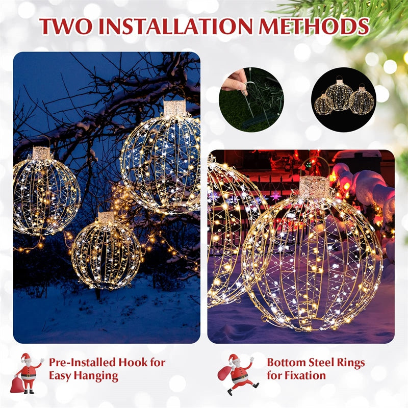 3 Pack Christmas LED Light Balls Holiday Lighted Decoration with 180 Warm White 180 White LED Lights