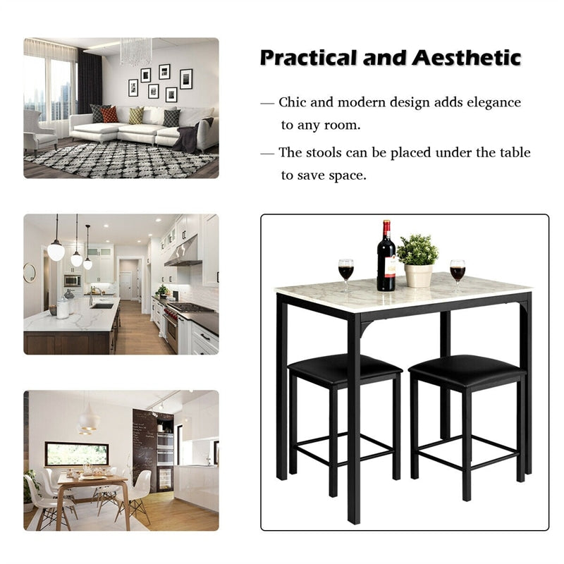 3 Pcs Counter Height Dining Set with Faux Marble Table & Cushioned Stools