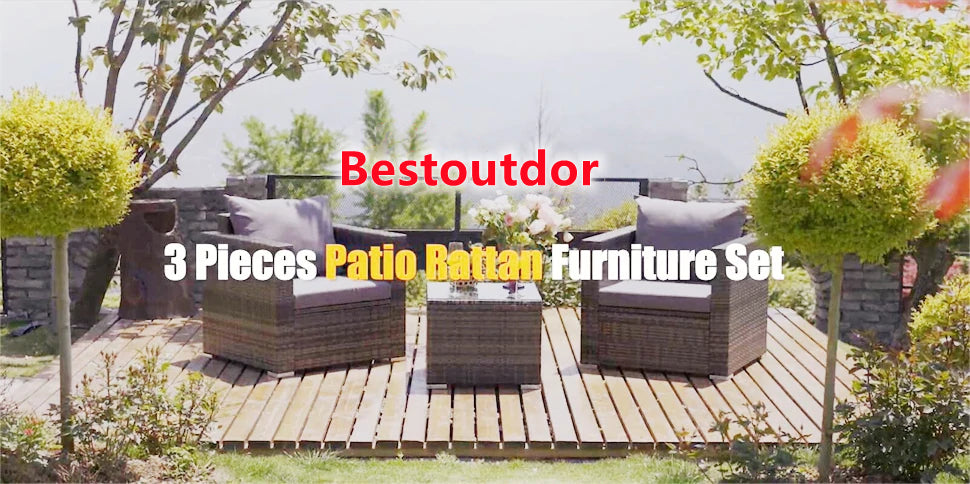 3 Pcs Patio Furniture Set Rattan Wicker Bistro Sofa Set with Cushion