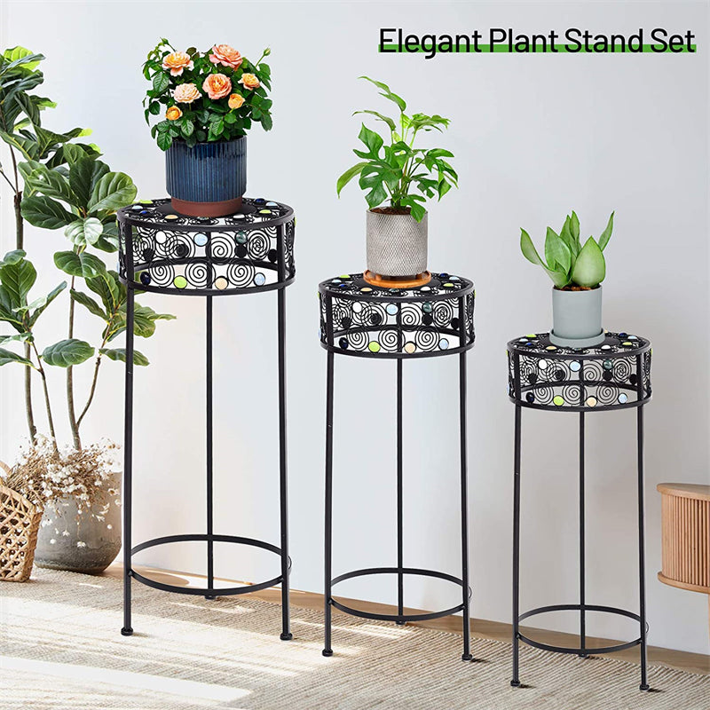 3 Pcs Round Metal Plant Stand Ceramic Beads Flower Display Rack