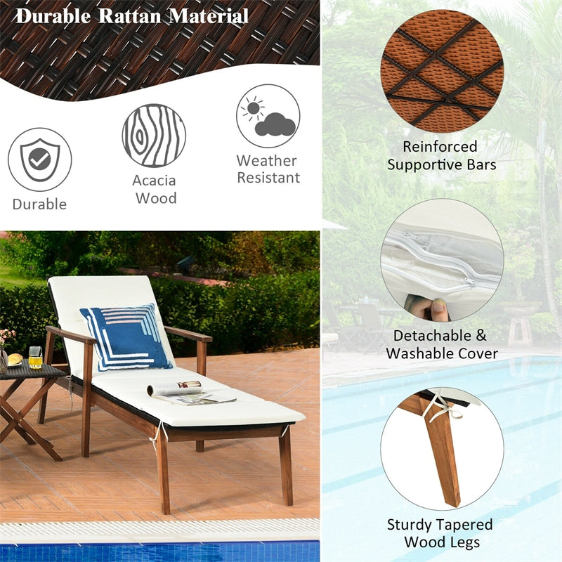 3 Piece Acacia Wood Patio Chaise Lounge Set with Folding Rattan Table