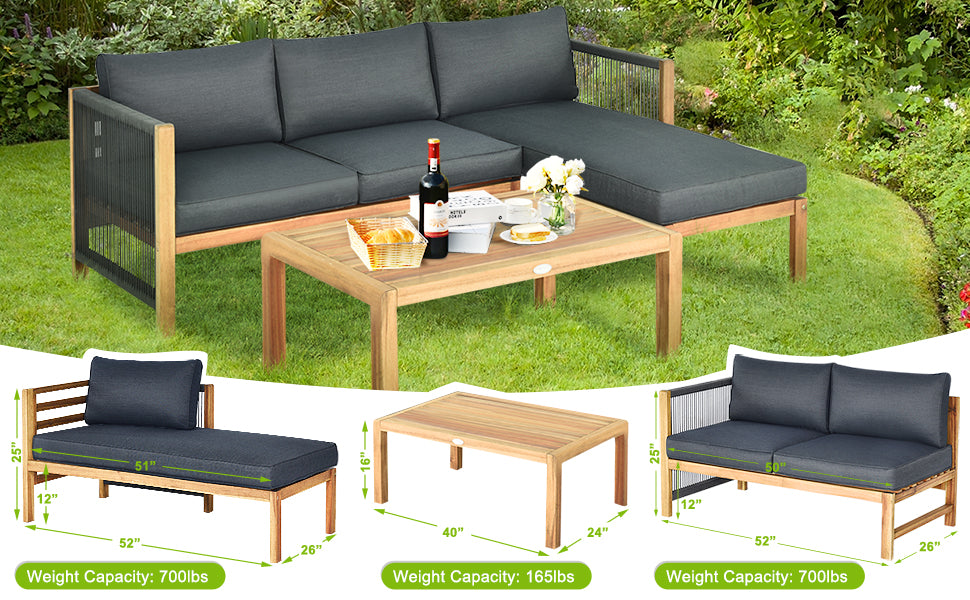 3 Piece Acacia Wood Patio Conversation Set L Shape Outdoor Furniture Set with Coffee Table