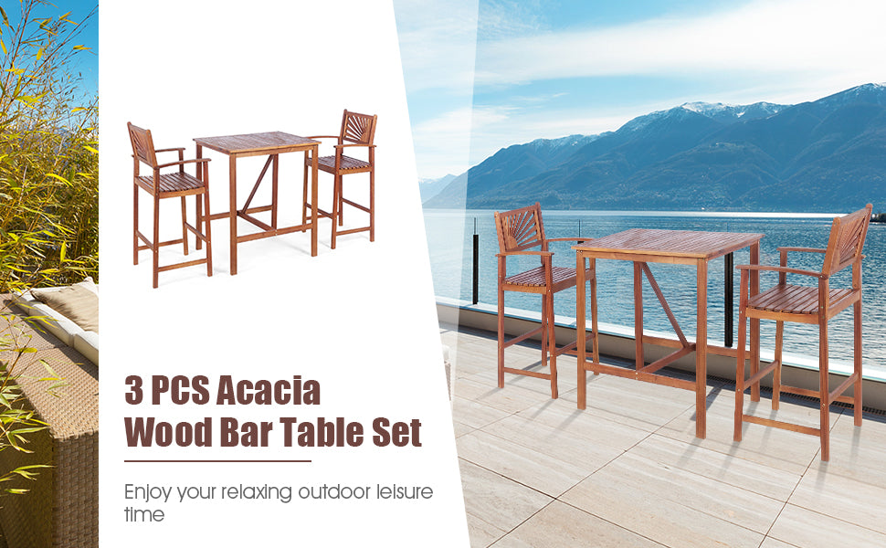 3 Piece Patio Bar Table Stool Set Wood Outdoor Dining Set
