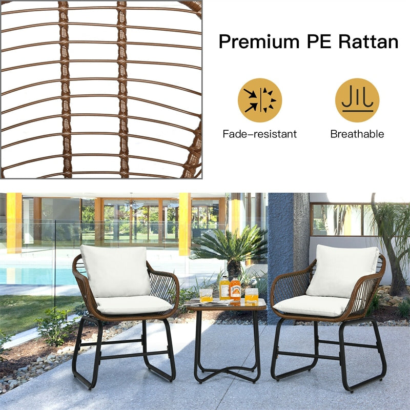 3 Piece Rattan Patio Bistro Set with Cushioned Armchairs and Coffee Table