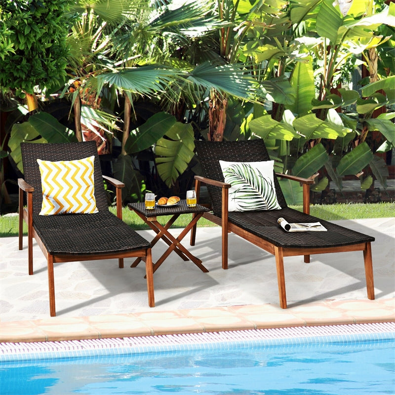 Eletriclife 3 Pcs Patio Wooden Frame Rattan Lounge Chaise Chair Set with Folding Table