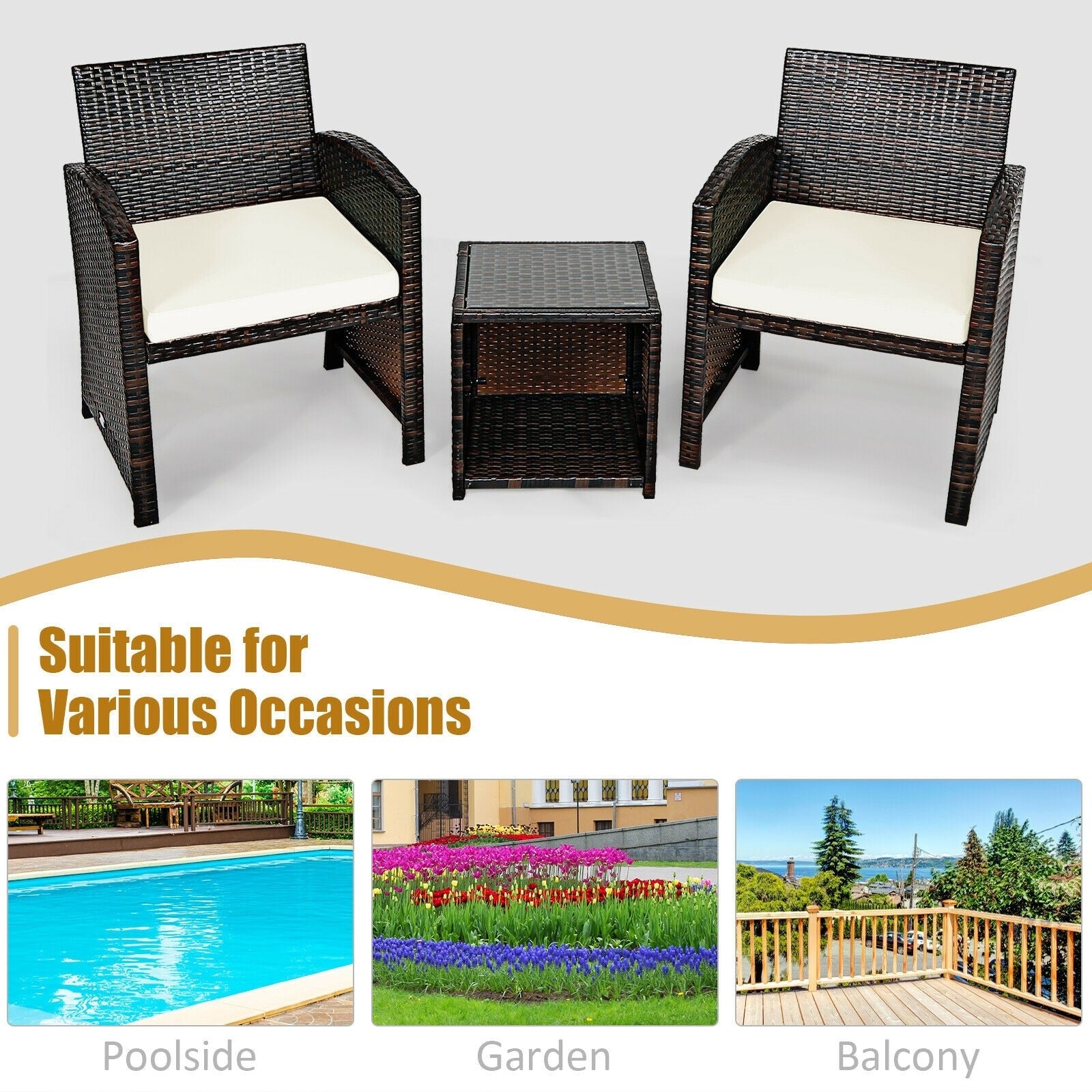 3 Pieces Outdoor PE Rattan Furniture Set with Cushion Chair and Coffee Table