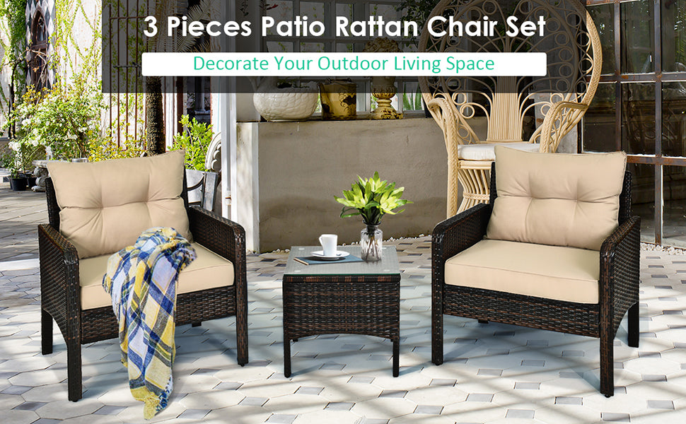 3 Pieces PE Rattan Wicker Chair Set with Seat Cushions