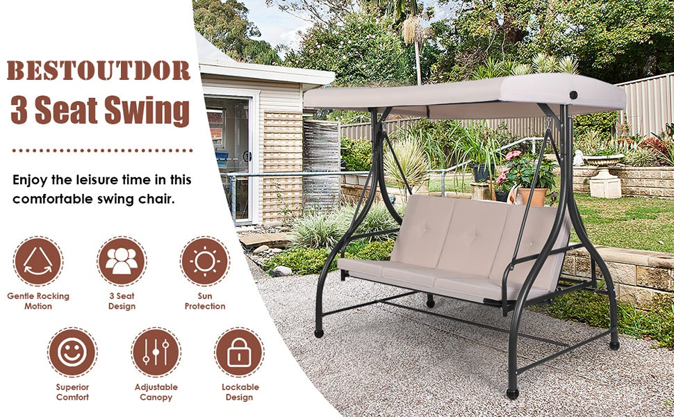 3 Seats Outdoor Patio Porch Swing Chair with Cushion Seat & Adjustable Tilt Canopy