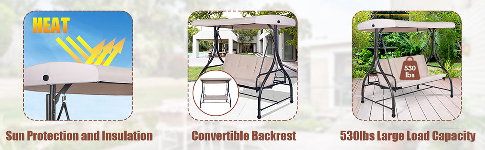 3 Seats Outdoor Patio Porch Swing Chair with Cushion Seat & Adjustable Tilt Canopy