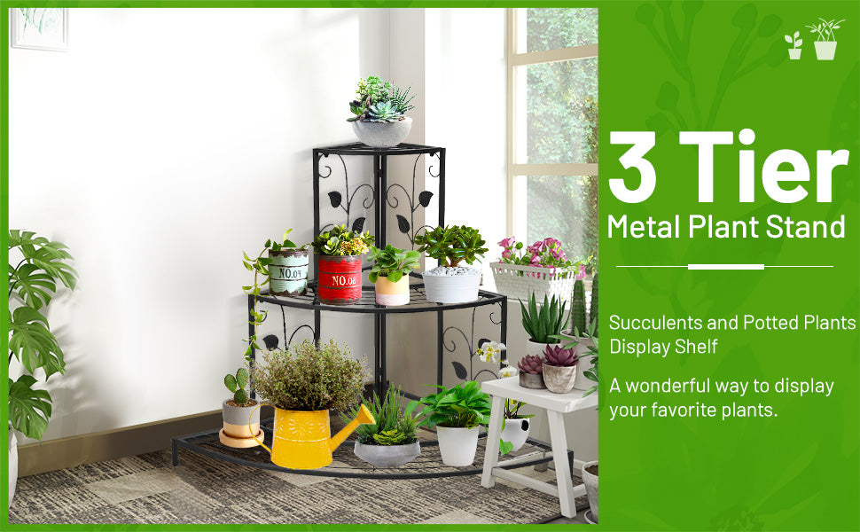 3 Tier Metal Outdoor Corner Plant Stand Flower Pot Rack