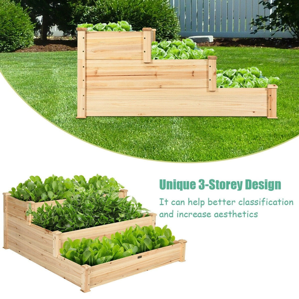 3 Tier Outdoor Raised Garden Bed Wooden Elevated Planter Box