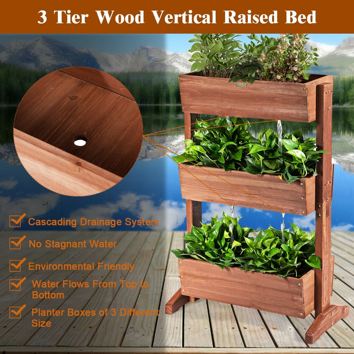 3 Tier Vertical Freestanding Raised Garden Bed Wooden Flower Rack