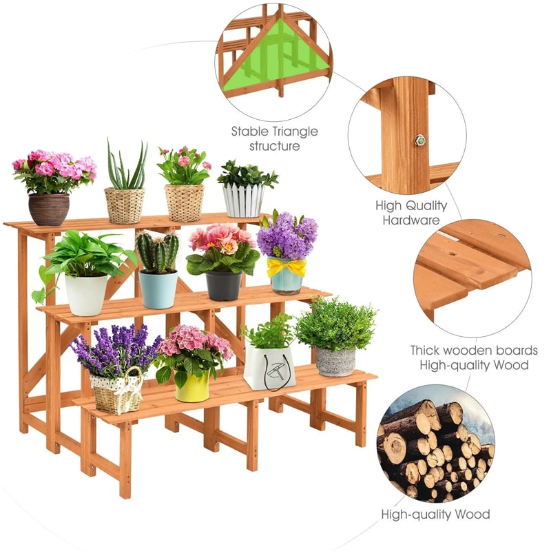 3 Tier Wide Wood Step Ladder Plant Stand Flower Pot Holder