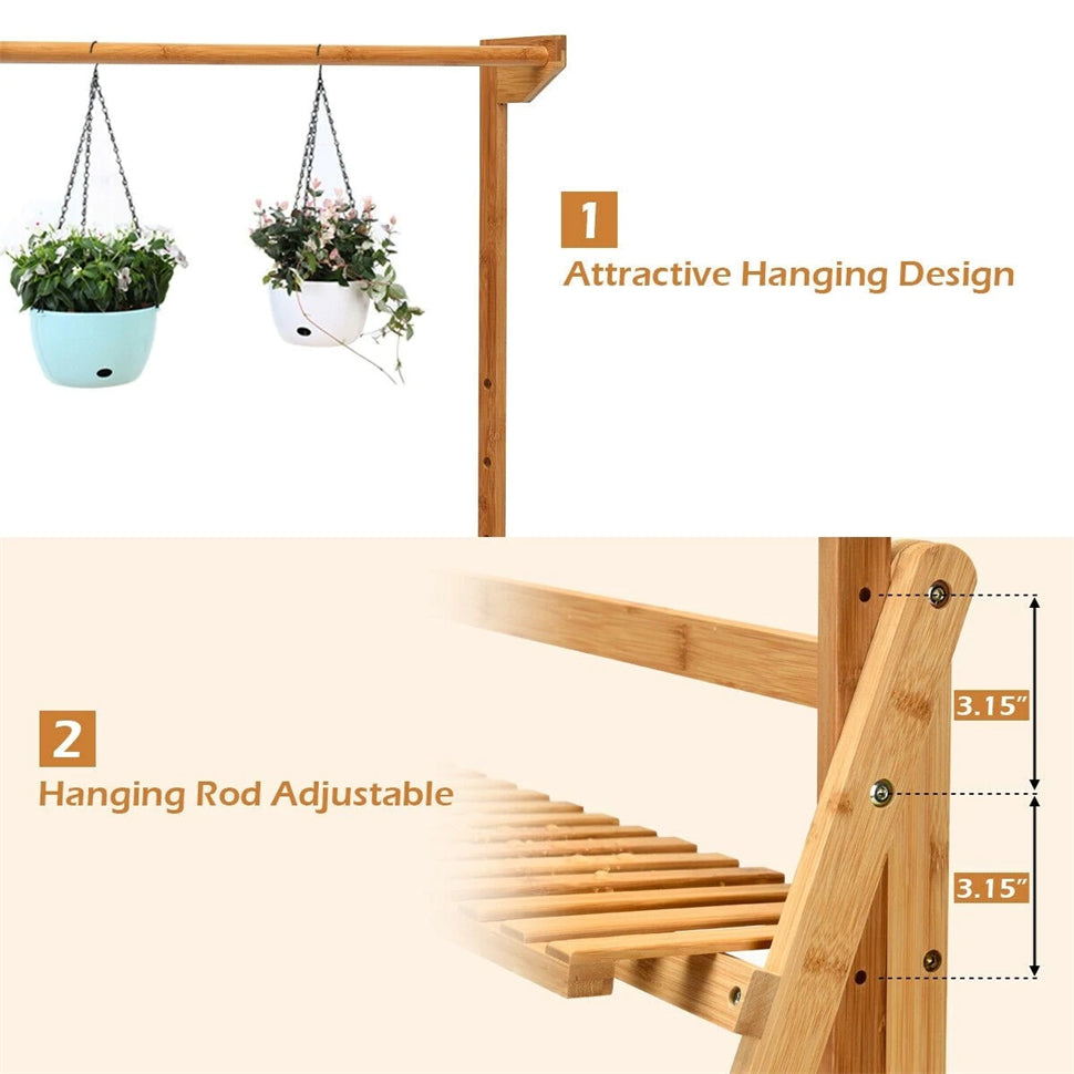 3 Tier Bamboo Hanging Folding Plant Stand Planter Shelf