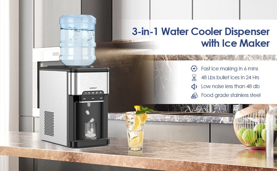 3-in-1 Countertop Water Cooler Dispenser Built-in Ice Maker, Hot & Cold Top-Loading Water Cooler for Home