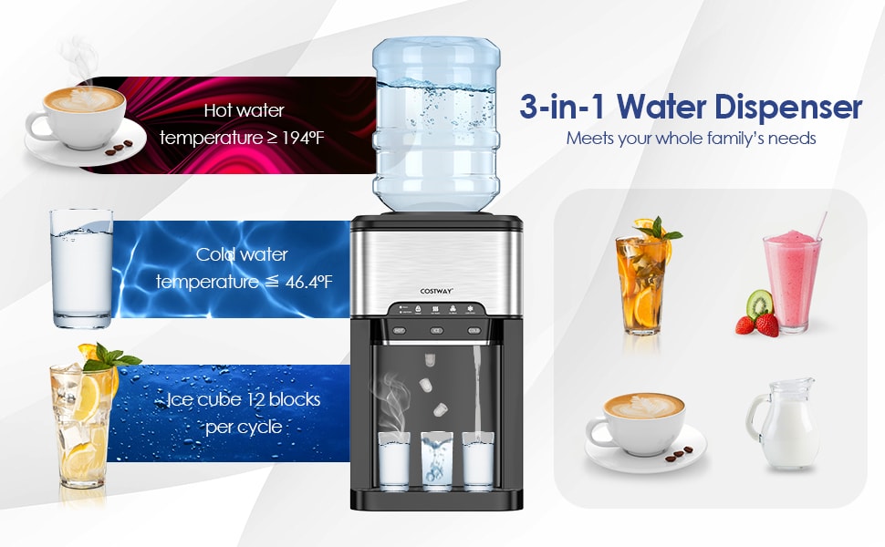 3-in-1 Water Cooler Dispenser with Built-in Ice Maker and 3 Temperature Setting