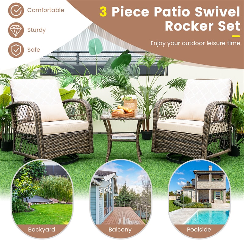 3-Piece Rattan Patio Swivel Rocker Set Wicker Swivel Rocking Chairs with Tempered Glass Coffee Table