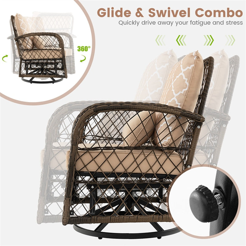 3-Piece Rattan Patio Swivel Rocker Set Wicker Swivel Rocking Chairs with Tempered Glass Coffee Table