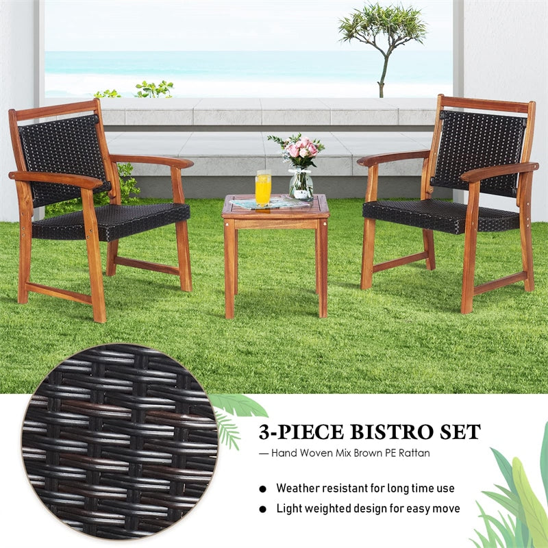 3 Piece Patio Acacia Wood Bistro Set Outdoor Rattan Conversation Chair Set with Side Table for Garden