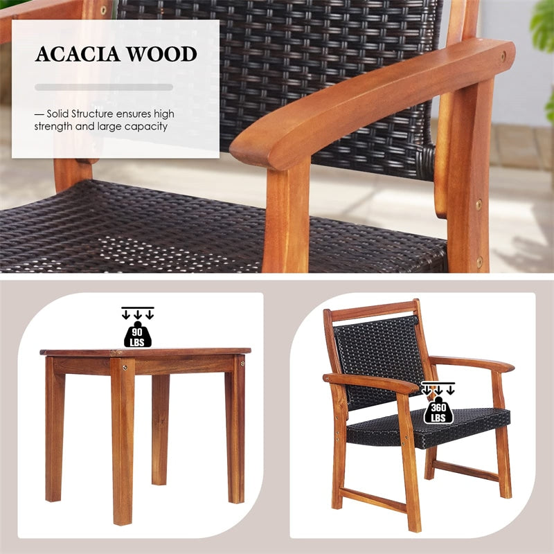 3 Piece Patio Acacia Wood Bistro Set Outdoor Rattan Conversation Chair Set with Side Table for Garden