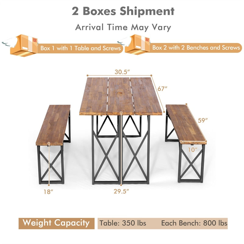 3 PCS Acacia Wood Outdoor Picnic Table Bench Set 67” Rectangular Patio Dining Table with Umbrella Hole