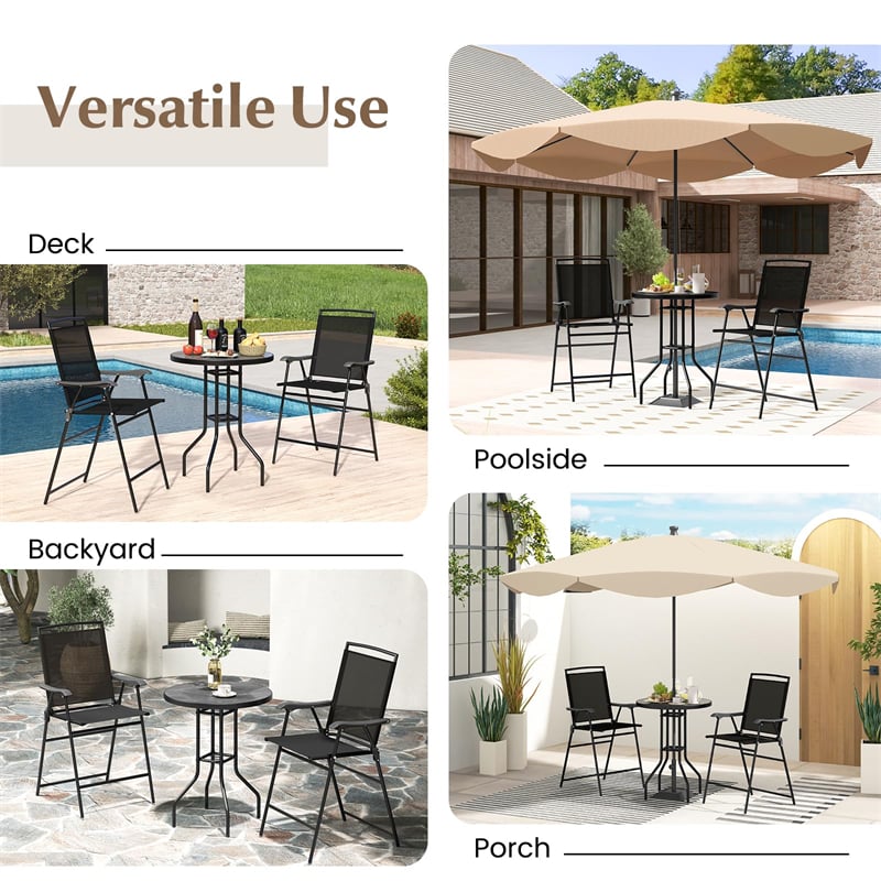 3 Piece Outdoor Bar Set Patio Table Chairs Set Folding Bistro Furniture Set with DPC Tabletop, Umbrella Hole & Heavy Duty Metal Frame