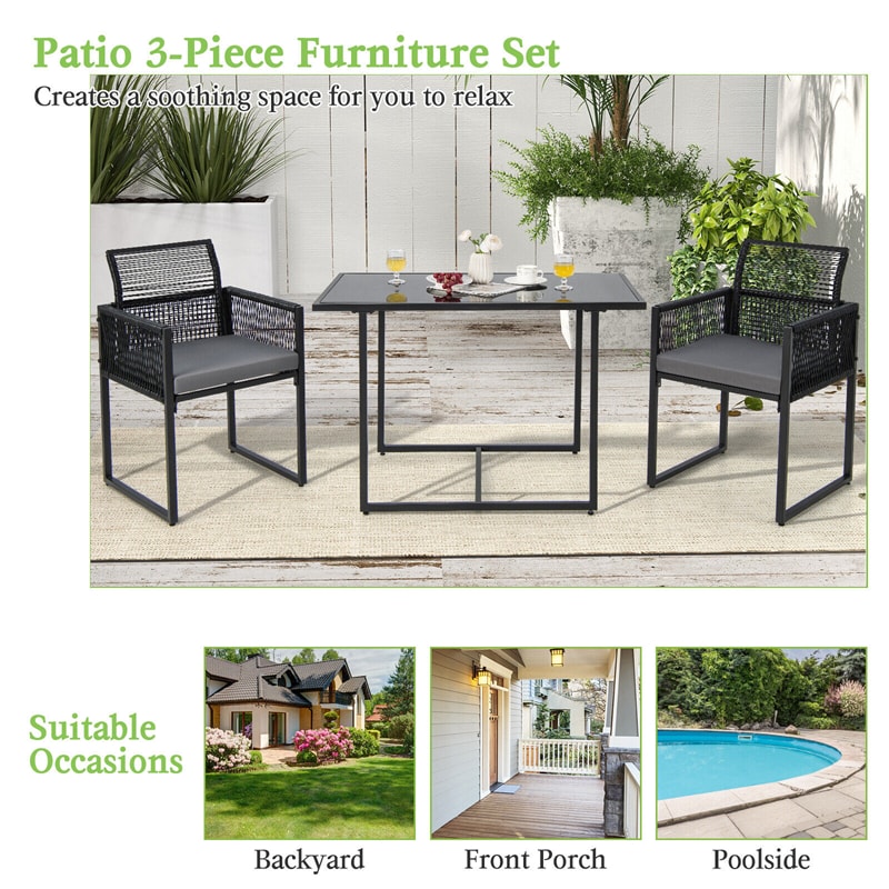 3 Piece Outdoor Dining Set Black Space Saving PE Rattan Chair Table Set with Folding Backrest & Seat Cushions