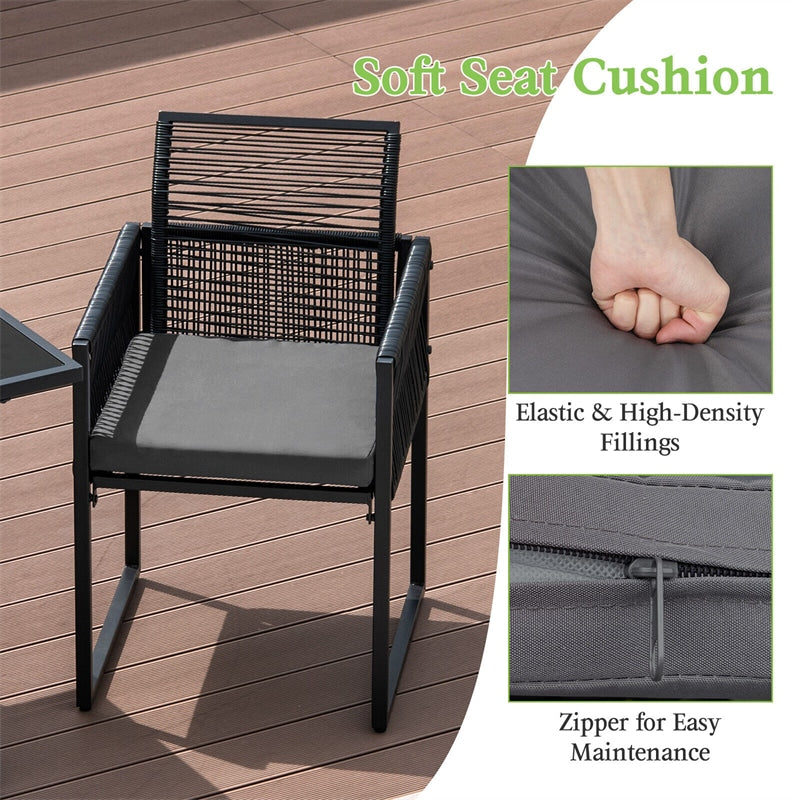 3 Piece Outdoor Dining Set Black Space Saving PE Rattan Chair Table Set with Folding Backrest & Seat Cushions