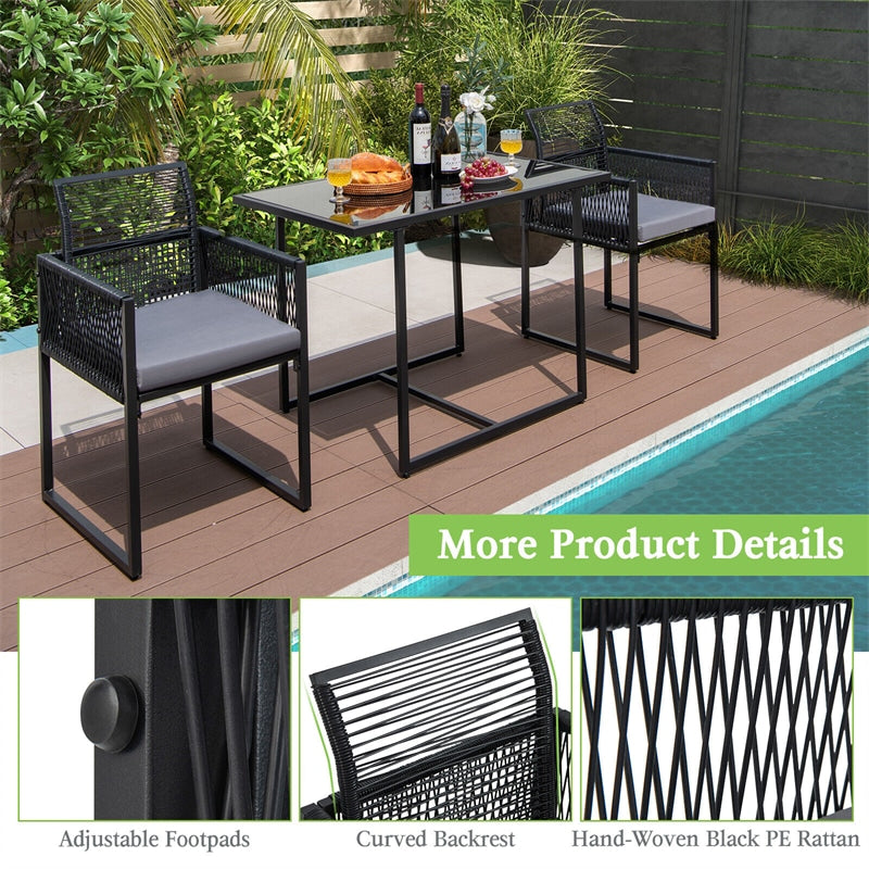 3 Piece Outdoor Dining Set Black Space Saving PE Rattan Chair Table Set with Folding Backrest & Seat Cushions