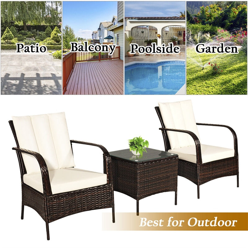 3PCS Outdoor Rattan Conversation Set Patio Wicker Chairs with Glass Top Coffee Table & Cushions