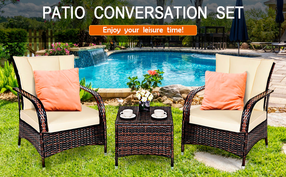 3PCS Outdoor Rattan Conversation Set Patio Wicker Chairs with Glass Top Coffee Table & Cushions