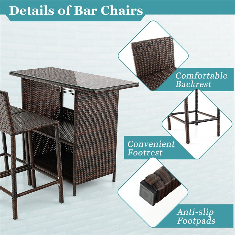 3 PCS Outdoor Wicker Bar Set Patio Rattan Bar Height Table & 2 Chairs with 3 Rows Stemware Racks and Hidden Storage Shelf