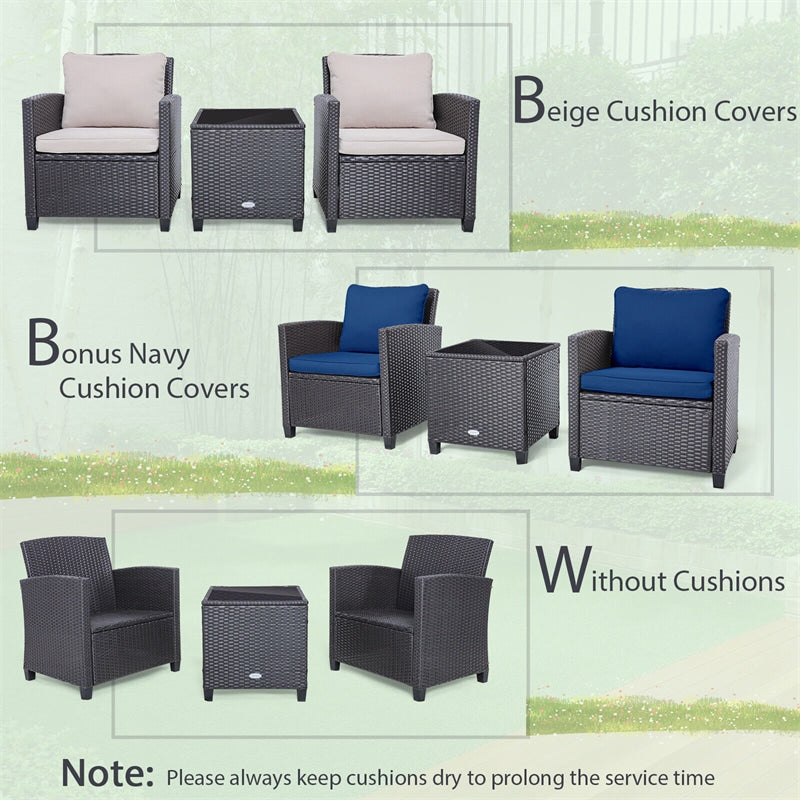 3 Piece Outdoor Wicker Rattan Patio Conversation Set with Coffee Table & 2 Sets Cushion Covers