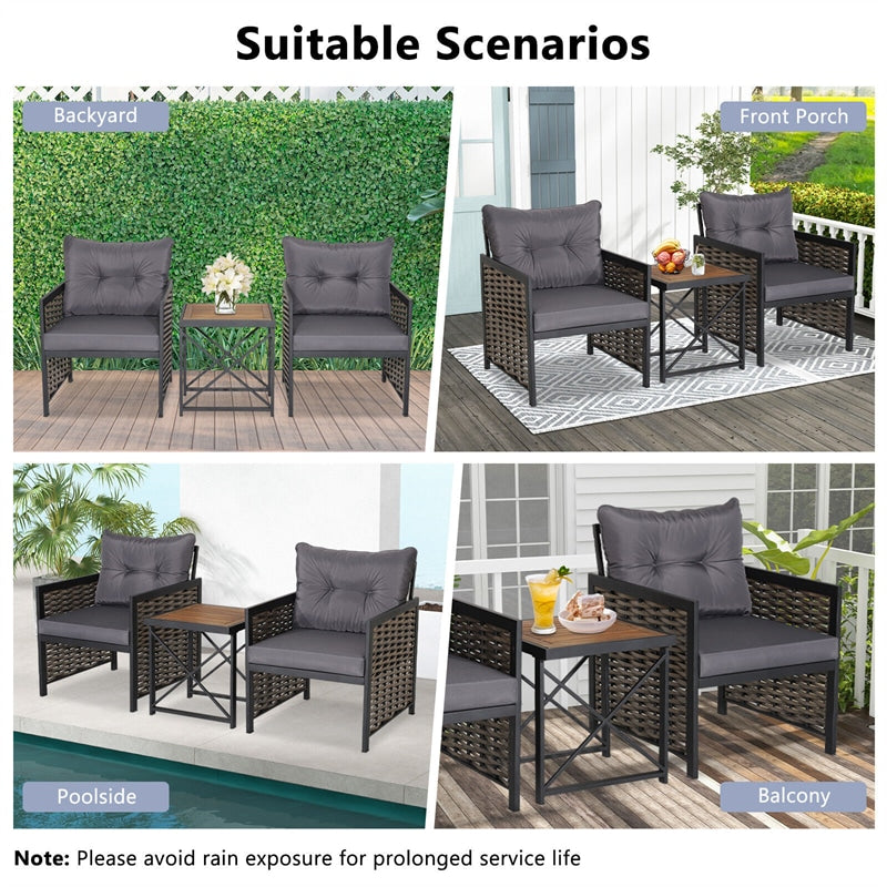 3 Piece Patio Rattan Chair Set Heavy-Duty Metal Frame Outdoor Wicker Furniture with Acacia Wood Coffee Table