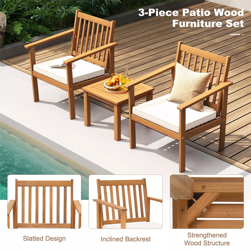 3 Pieces Patio Wood Furniture Set Acacia Wood Chairs & Coffee Table Set with Soft Seat Cushions & Slatted Design for Porch Yard Balcony