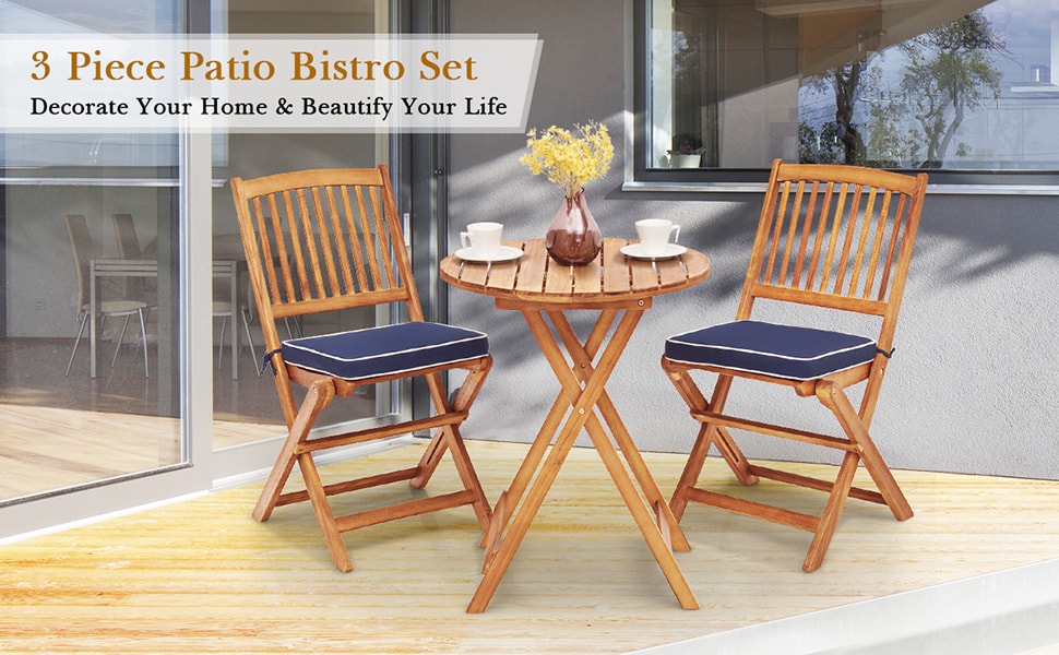 3PCS Wooden Folding Patio Bistro Table Set Outdoor Acacia Wood Chair and Table Set with Padded Cushions