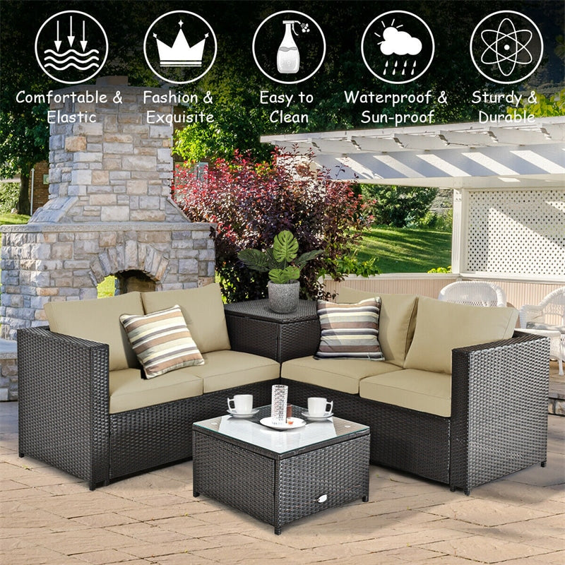 4-Piece Outdoor Rattan Wicker Patio Furniture Set with Loveseat & Storage Table