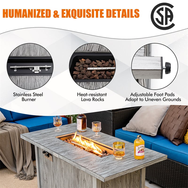 43" Rectangular Propane Fire Pit Table 50,000 BTU Outdoor Gas Fire Table with Wood Grain Tabletop, Metal Lid, Lava Rocks & Waterproof Cover