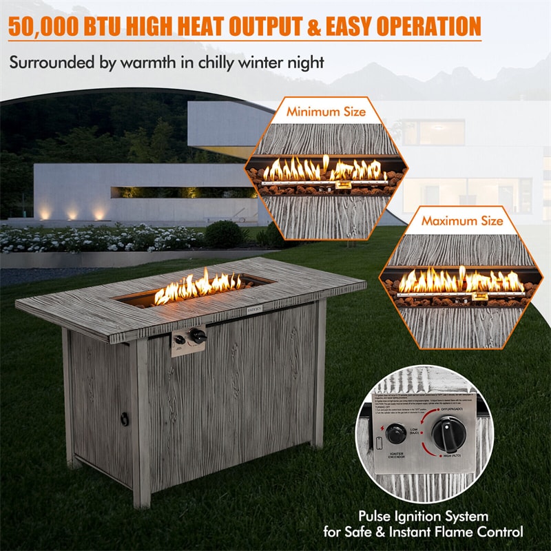 43" Rectangular Propane Fire Pit Table 50,000 BTU Outdoor Gas Fire Table with Wood Grain Tabletop, Metal Lid, Lava Rocks & Waterproof Cover