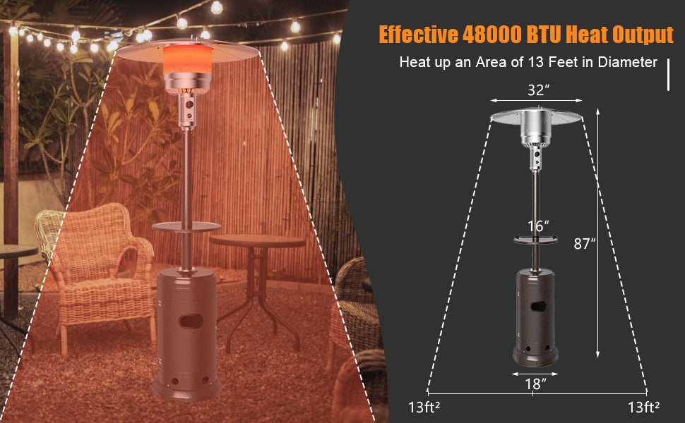 48000 BTU Standing Outdoor Propane Patio Heater w/Shelf Tabletop and Wheels