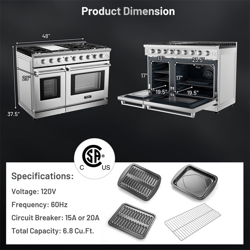 48" Freestanding Gas Range Stainless Steel Dual Fuel Range with 7 Burners Cooktop Double Ovens Storage Drawer Cast Iron Grates Enamel Interior