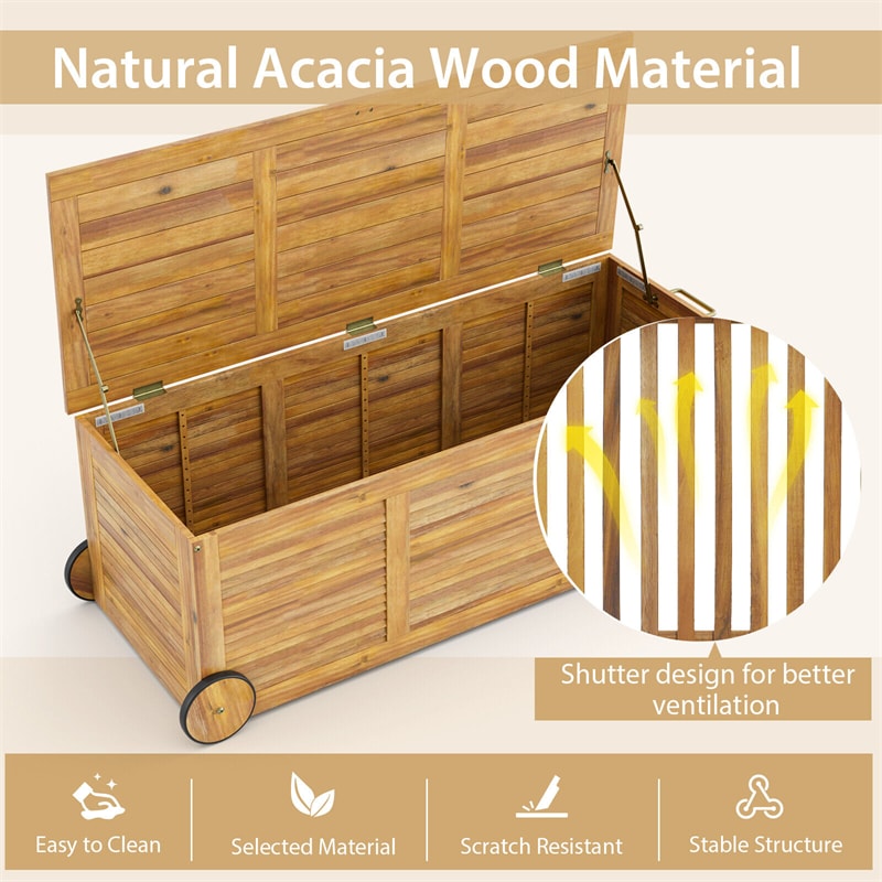 48 Gallon Acacia Wood Deck Box Outdoor Patio Storage Box with Wheels, Side Handle & Waterproof Fabric Cover