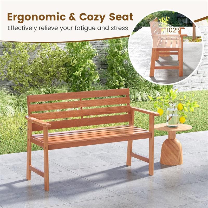 48" Hardwood Patio Bench 2-Seat Garden Chair Ergonomic Wood Outdoor Loveseat with Breathable Slatted Seat & Inclined Backrest