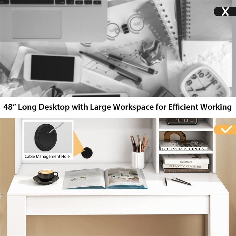 48" Home Office Computer Desk with Hutch Writing Workstation Study Desk with Bookshelf, Anti-Tipping Kits & Cable Management Hole