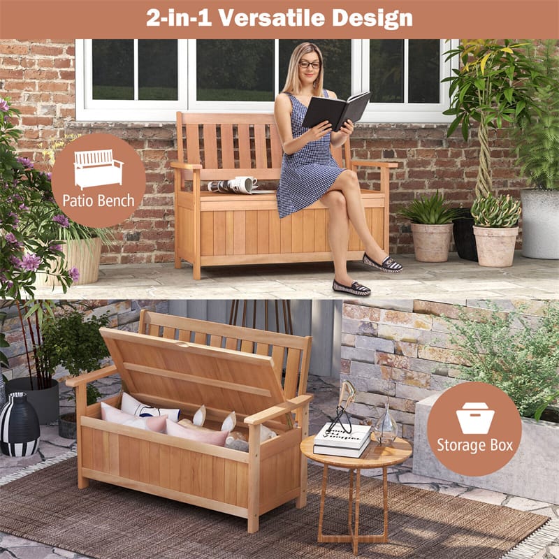 48 Inch Patio Storage Bench Wood Storage Loveseat Entryway Large Deck Box Storage Seat with 34.2 Gal Inner Space & Slatted Backrest