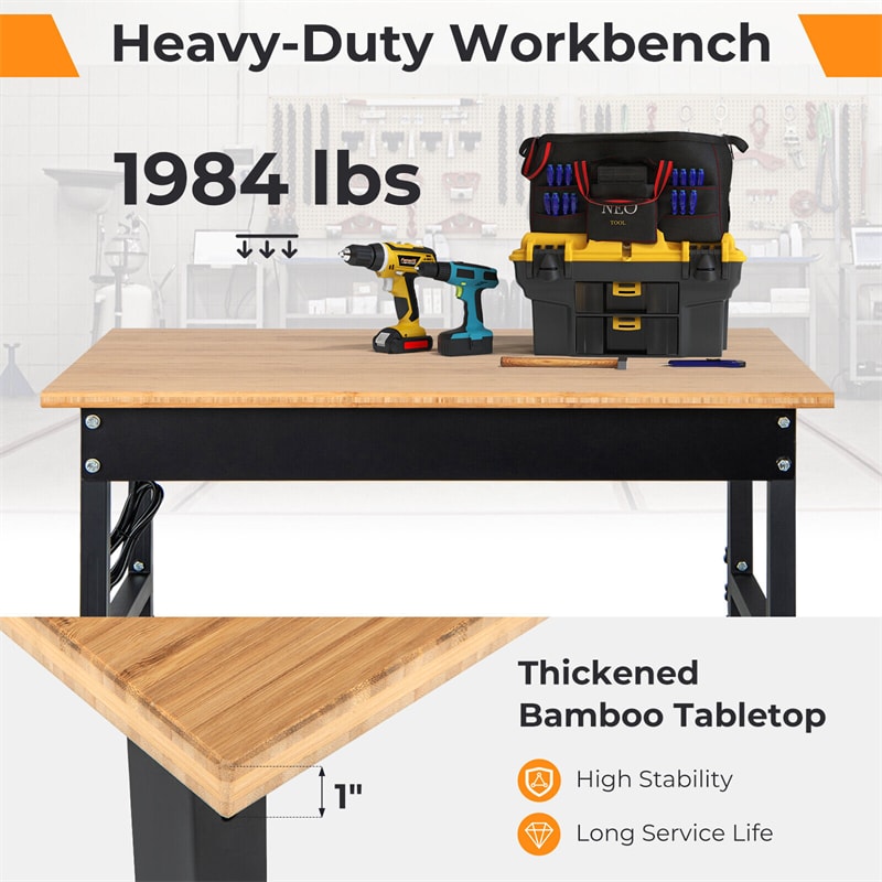 48” Heavy-Duty Mobile Workbench Adjustable Height Work Table with Power Outlet & Removable Wheels for Garage Home Workshop