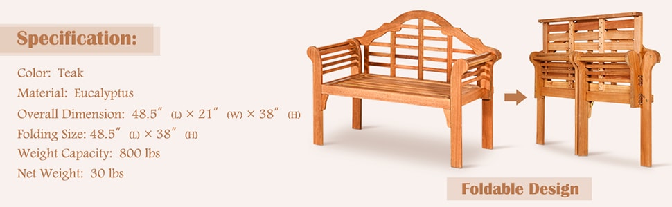 49" Outdoor Folding Bench Eucalyptus Wood Garden Patio Loveseat Chair with Backrest Armrest