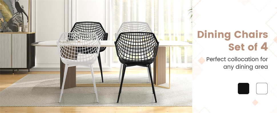 4PCS Modern Dining Chairs Plastic Shell Hollow Armchairs with 15" High Backrests & Metal Legs