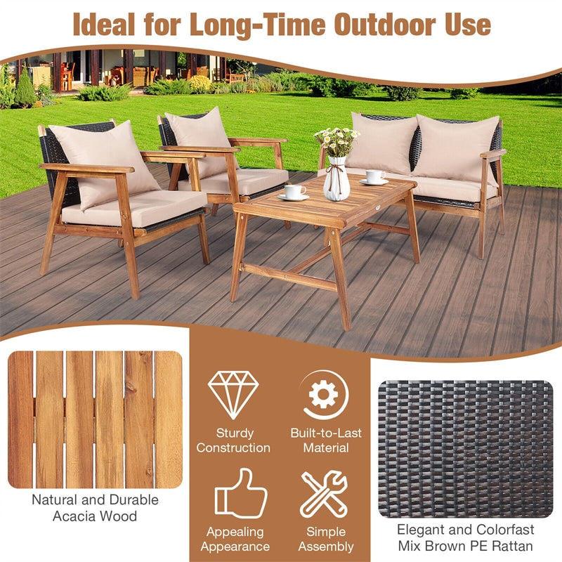 4 PCS Patio Rattan Chat Set Acacia Wood Frame Chair with Cushions & Wooden Coffee Table